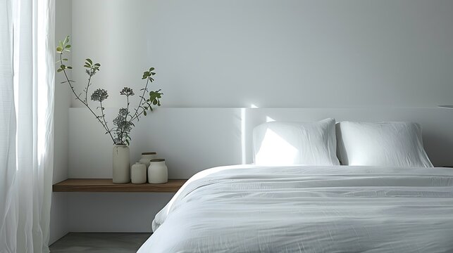 A minimalist bedroom with a platform bed, crisp white linens, and a sleek wall-mounted bedside table, creating a serene