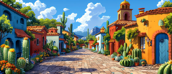 Design a cactus garden transformed into a Cinco de Mayo celebration venue, banner wallpaper