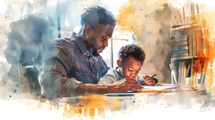 African American father and son playing together over a desk in an animated watercolor style illustration.