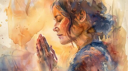 watercolor painting of woman in peaceful prayer spiritual devotional art