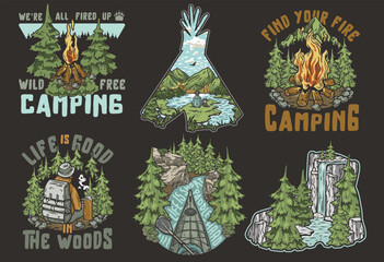 Set of camping badges with nature themes for apparel and branding. Sticker pack travel. Collection for nature hiking and camp. T-shirt print