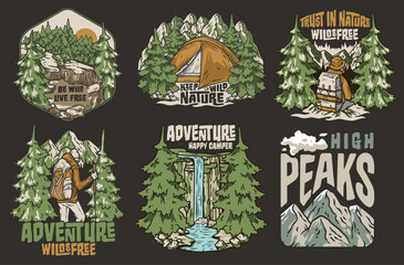 Collection of vintage-style camping badges with nature and adventure motifs for outdoor themes. Sticker pack travel. Set for hiking and camp. T-shirt print
