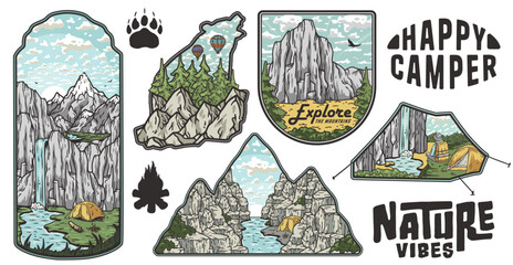 Collection of detailed outdoors adventure stickers, featuring mountains, wildlife, camping gear, and inspirational nature quotes, all within unique frame shapes suitable for wilderness enthusiasts