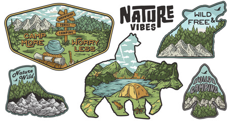 Set of stickers featuring mountains, camping scenes, encouraging nature-related mottos, and wildlife in a vintage frame style for outdoor enthusiasts and nature