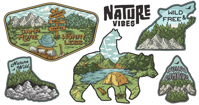 Set of stickers featuring mountains, camping scenes, encouraging nature-related mottos, and wildlife in a vintage frame style for outdoor enthusiasts and nature