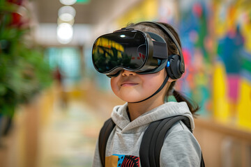 A child dons a VR headset, her expression one of delight as she interacts with a virtual world, bridging tech and education