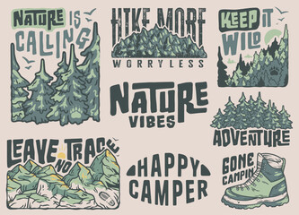 Collection of vector graphics with wilderness and camping themes, perfect for nature enthusiasts. Sticker pack travel for camping. Set for nature hiking and camp. T-shirt print © Casoalfonso