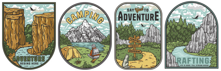 Collection of four outdoor adventure badges showcasing camping, rafting, and mountain exploration. Sticker pack for adventure enthusiasts, nature designs. Set for nature hiking, camp. T-shirt print