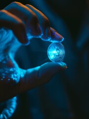 Trader's Hand Holding a Shiny Blue Bitcoin, Future Digital Money Currency Concept, Closeup