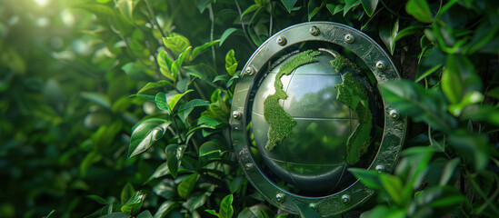 Metaphorical photo with globe encased in a protective shield or surrounded by green foliage, global sustainability concept