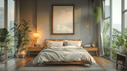 Interior of modern bedroom with grey walls, wooden floor, gray master bed with white linen and wooden bedside table with green plants. 3d rendering
