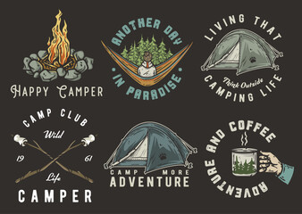 Collection of vintage camping and adventure emblems featuring tents, campfires, and nature for outdoor enthusiasts and wilderness. Set of t-shirt prints for travel, nature hiking and camp - obrazy, fototapety, plakaty