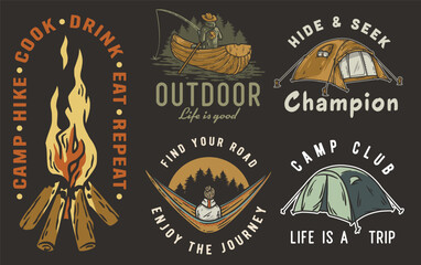 Collection of vintage outdoor adventure badges, camping elements like tents, campfire, canoe for nature enthusiasts and wilderness explorers. Set of t-shirt prints for travel, nature hiking and camp - obrazy, fototapety, plakaty