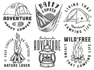 Collection of featuring camping elements such as a tent, hammock, and a campfire for adventure and nature enthusiasts for outdoors. Set of t-shirt prints for travel, camping, nature hiking and camp