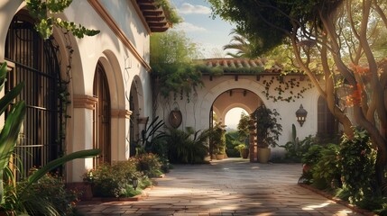 Charming Spanish Villa with Arched Doorways, Lush Courtyards, Set in a Sunlit Mediterranean Landscape
