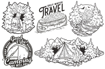 Collection of vintage-style badges featuring camping and travel themes with outdoor elements. Sticker pack or set for nature hiking and camp. Travel. T-shirt print