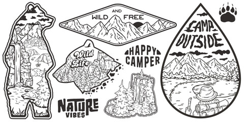 Set of outdoor-themed stickers featuring mountains, nature, and camping elements for adventure lovers and to decorate gear with wild life and travel vibes