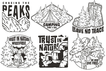 Set of six vector badges featuring outdoor and nature themes, with motivational phrases. Sticker pack travel for camping. Collection for hiking and camp. T-shirt print