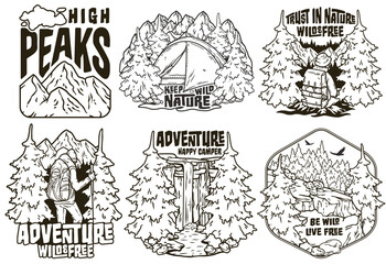 Collection of vintage-style camping badges with nature and adventure motifs for outdoor themes. Sticker pack travel. Set for hiking and camp. T-shirt print