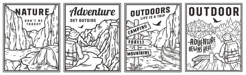 Series of four vintage camping scenes with motivational outdoor adventure sayings, featuring tents, forests, mountains, lake, wildlife. Sticker pack, set for nature hiking, camp. T-shirt prints