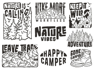 Collection of vector graphics with wilderness and camping themes, perfect for nature enthusiasts. Sticker pack travel for camping. Set for nature hiking and camp. T-shirt print