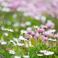 meadow flowers and daisies bloom in abundance, painting the grassy landscape with hues of pink, purple, and white.
