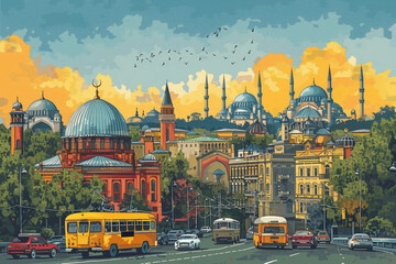 Vibrant vector style depiction of Istanbul's skyline, highlighting its mix of historic mosques and modernity under a dynamic sky