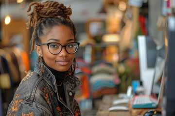A fashionable young woman with glasses posing confidently in a hip vintage clothing shop - Powered by Adobe