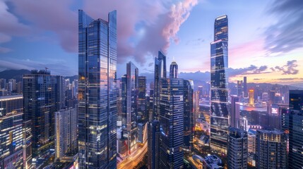 Obraz premium Captivating aerial shot of a densely populated city with towering skyscrapers basking in the warm hues and clouds of a sunset sky