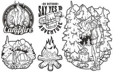 Set of retro camping badge designs featuring outdoor scenes, camper, and campfire elements. Sticker pack travel or nature hiking and camp for t-shirt print