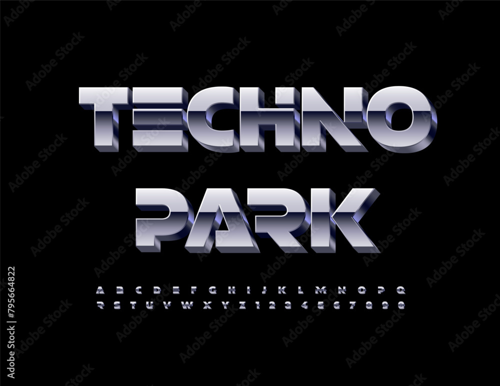 Poster vector modern icon techno park with 3d chrome font. metallic set of alphabet letters and numbers.