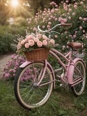 Fototapeta na wymiar Vintage pink bicycle stands on grassy path in garden. Wicker basket overflowing with bouquet of pink roses, lavender sits on handlebars. Sun shines brightly, casting warm glow over scene.