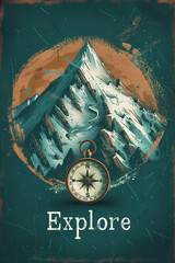 A compass foregrounds a rugged mountain landscape, signifying guidance on an adventurous quest in vector style