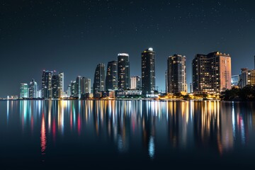 Fototapeta premium The beautiful Nighttime Miami skyline with stars twinkling. Ai generated