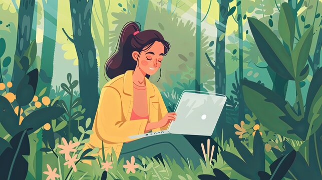 Relaxed female working on a laptop in a vibrant forest setting. Colorful vector illustration of freelancing outdoors