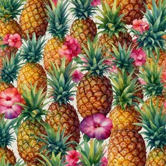 Fototapeta premium Watercolor painting depicts seamless pattern of pineapples, tropical flowers. Pineapples vibrant yellow with green spiky leaves, flowers pink, purple with delicate petals.