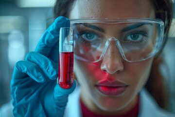 An intense female researcher gazes through safety goggles while examining a test tube with a red solution