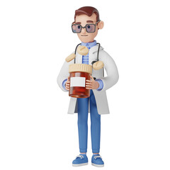 Doctor holds a pills bottle. 3d Illustration