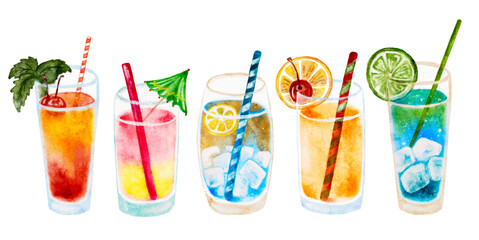 Watercolor set tropical summer drink, tropical cocktails cut out from background. Hand drawn not AI