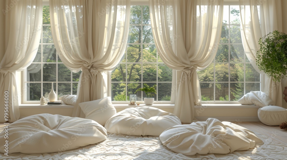 Poster a spacious room filled with numerous pillows on the floor large window reveals an enchanting tree vi