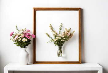 Wooden frame mockup with copy space for art work, photo or print presentation. White wall & vase with gypsophila flower decoration. Generative AI. V-3