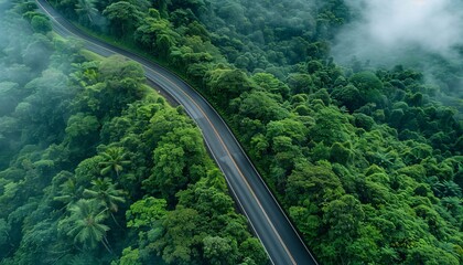 aerial view of beautiful winding highway road through dense green forest. ai generative