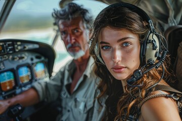 A young female co-pilot with headphones and an older male pilot in a light aircraft cockpit during flight - obrazy, fototapety, plakaty