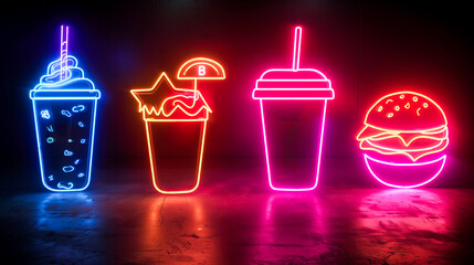 Neon fast food icons on vibrant background