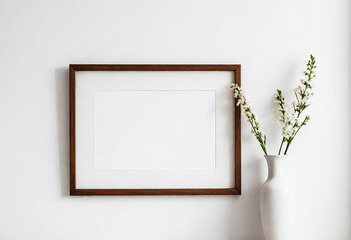Wooden frame mockup with copy space for art work, photo or print presentation. White wall & vase with gypsophila flower decoration. Generative AI. V-7
