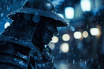 Samurai warrior in rain at night