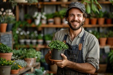 A content man in overalls holds a potted plant with pride in a lush greenhouse setting