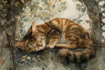 Illustration of a serene cat nap in enchanted garden