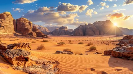 panoramic view of rugged rocky mountains in golden desert landscape al ula saudi arabia or wadi rum jordan