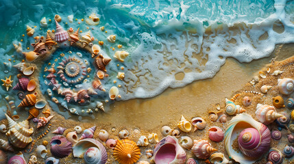Coastal artistry with shells and foamy waves